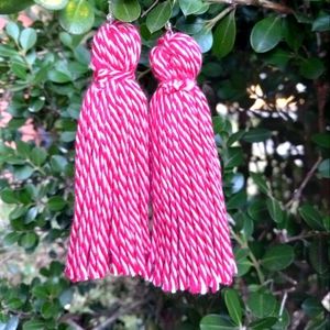Red and white yarn tassle earrings